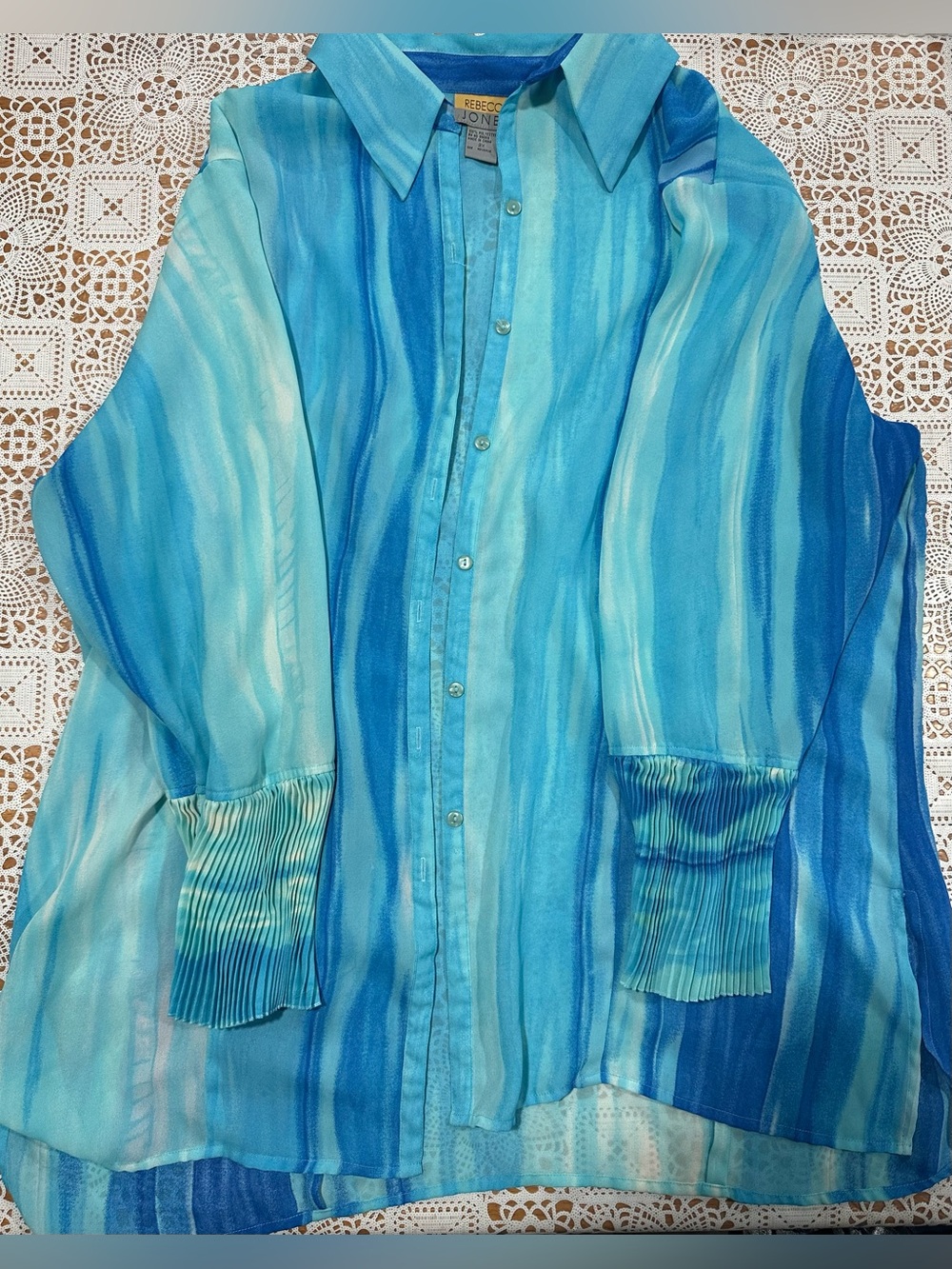 Vintage Y2K Rebecca Jones 2X Blue Sheer Watercolor Blouse Pleated Cuffs